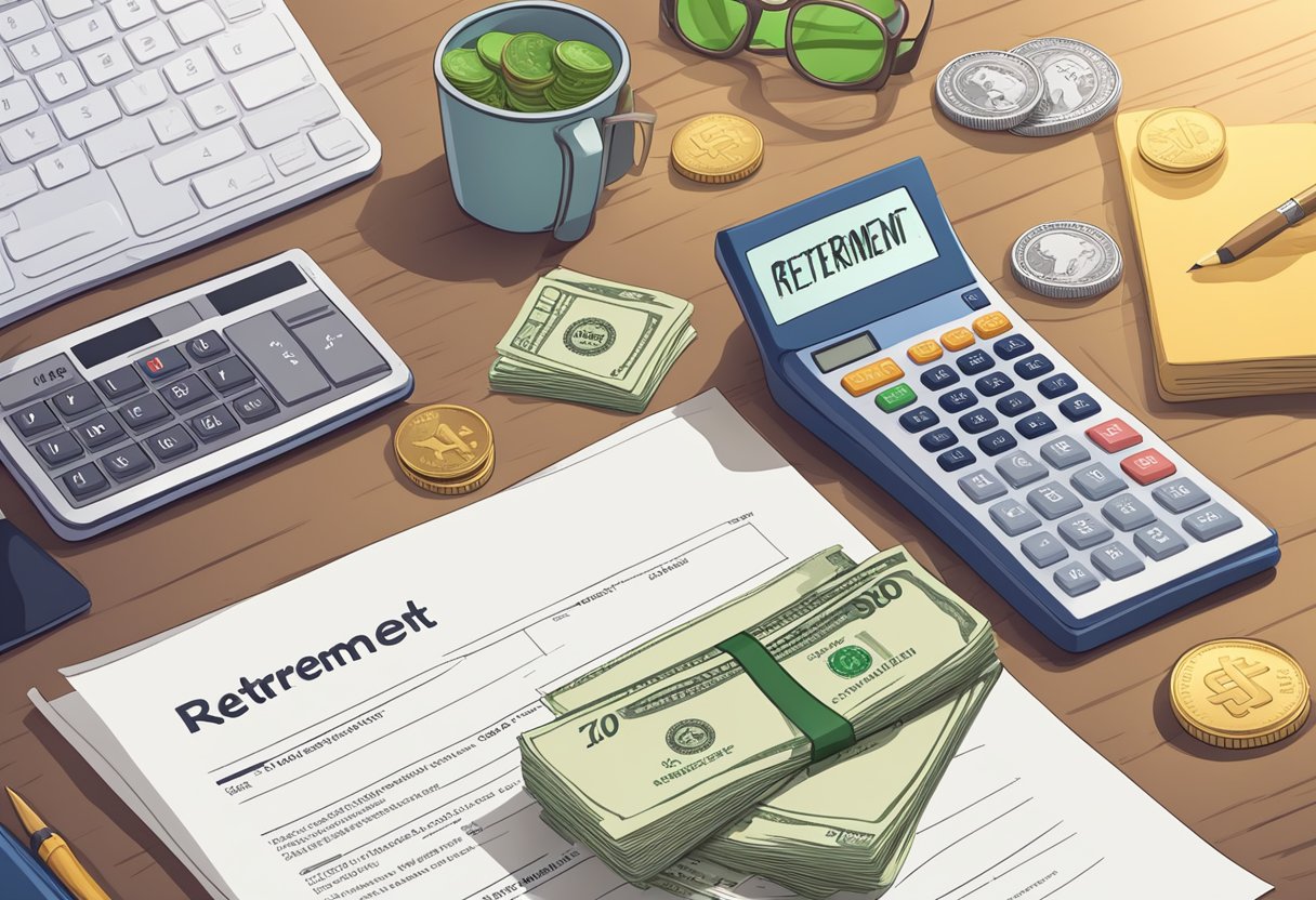 A stack of cash and coins with a retirement calculator and a 401k statement on a desk