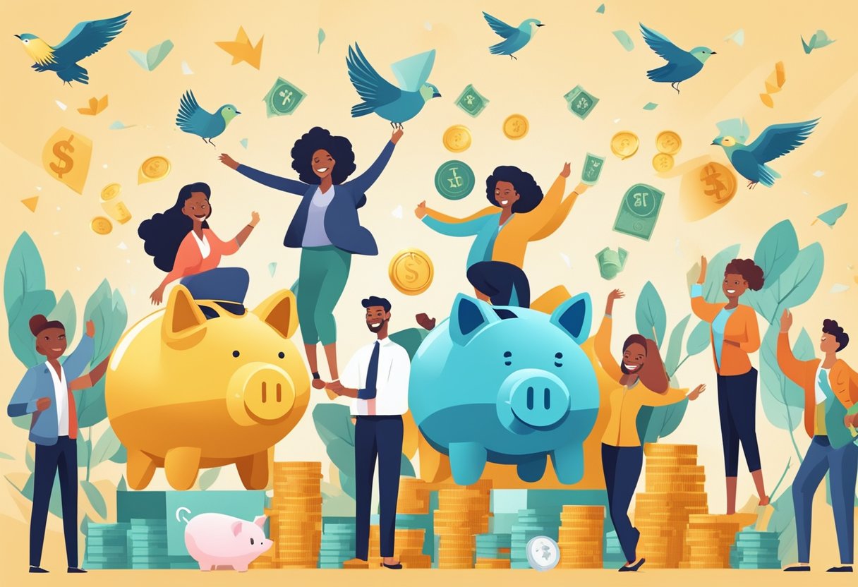 A diverse group of people smiling and celebrating, surrounded by symbols of financial security and independence, such as a piggy bank, a growing tree, and a soaring bird