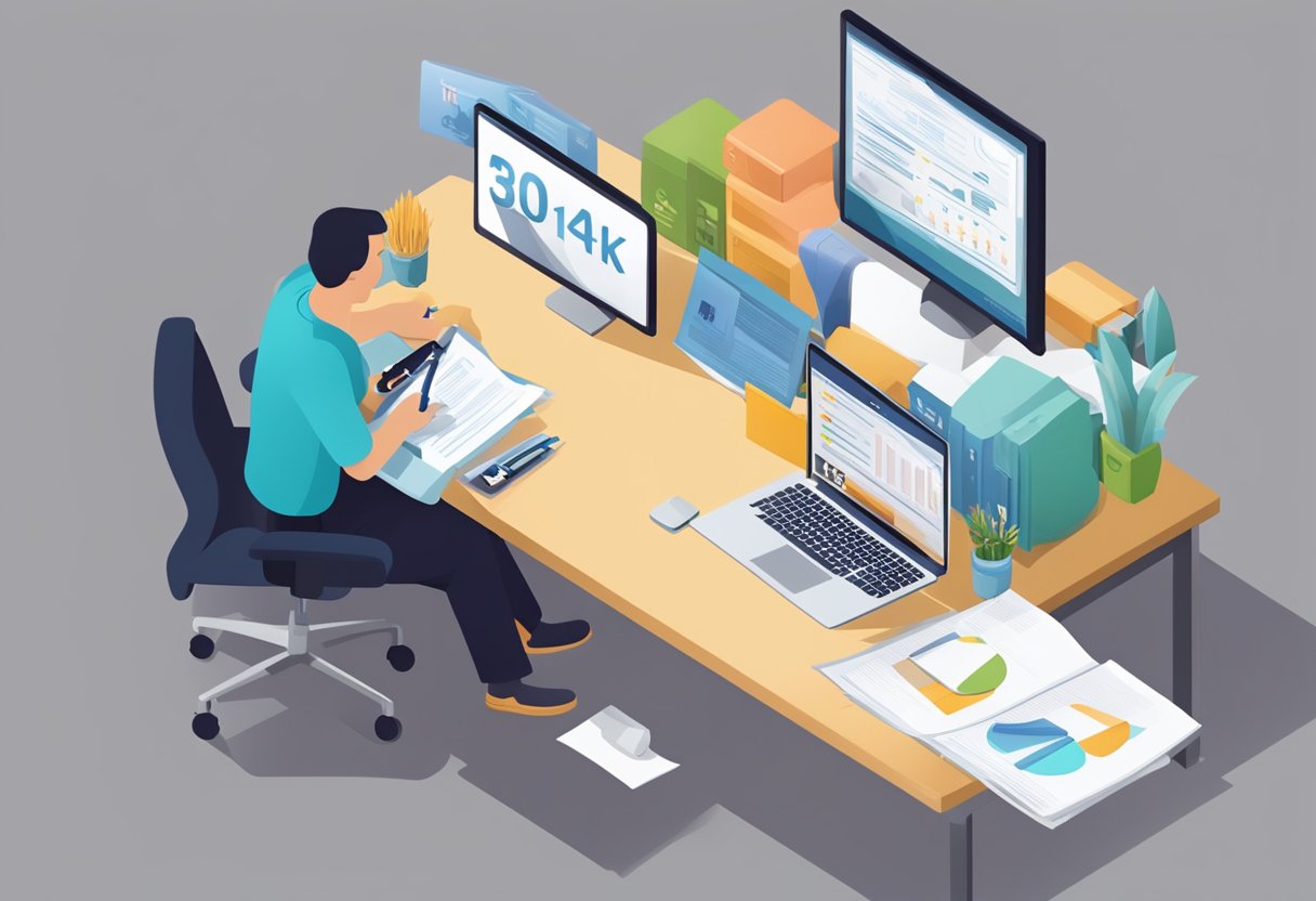 A person sits at a desk, filling out paperwork for their 401k retirement plan. A computer screen displays the "Freedom Financial 401k" logo