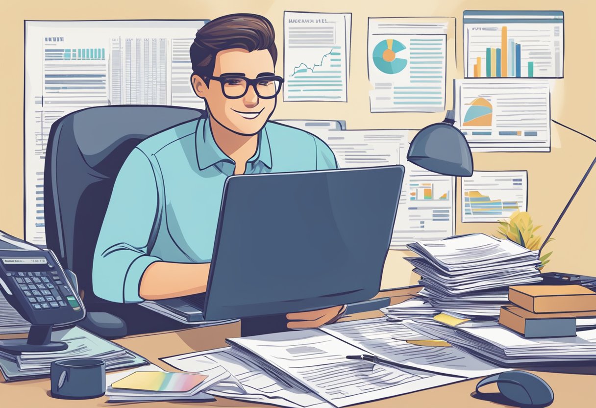 A person sitting at a desk, surrounded by financial documents and a computer, with a 401k statement in hand, looking content and relieved