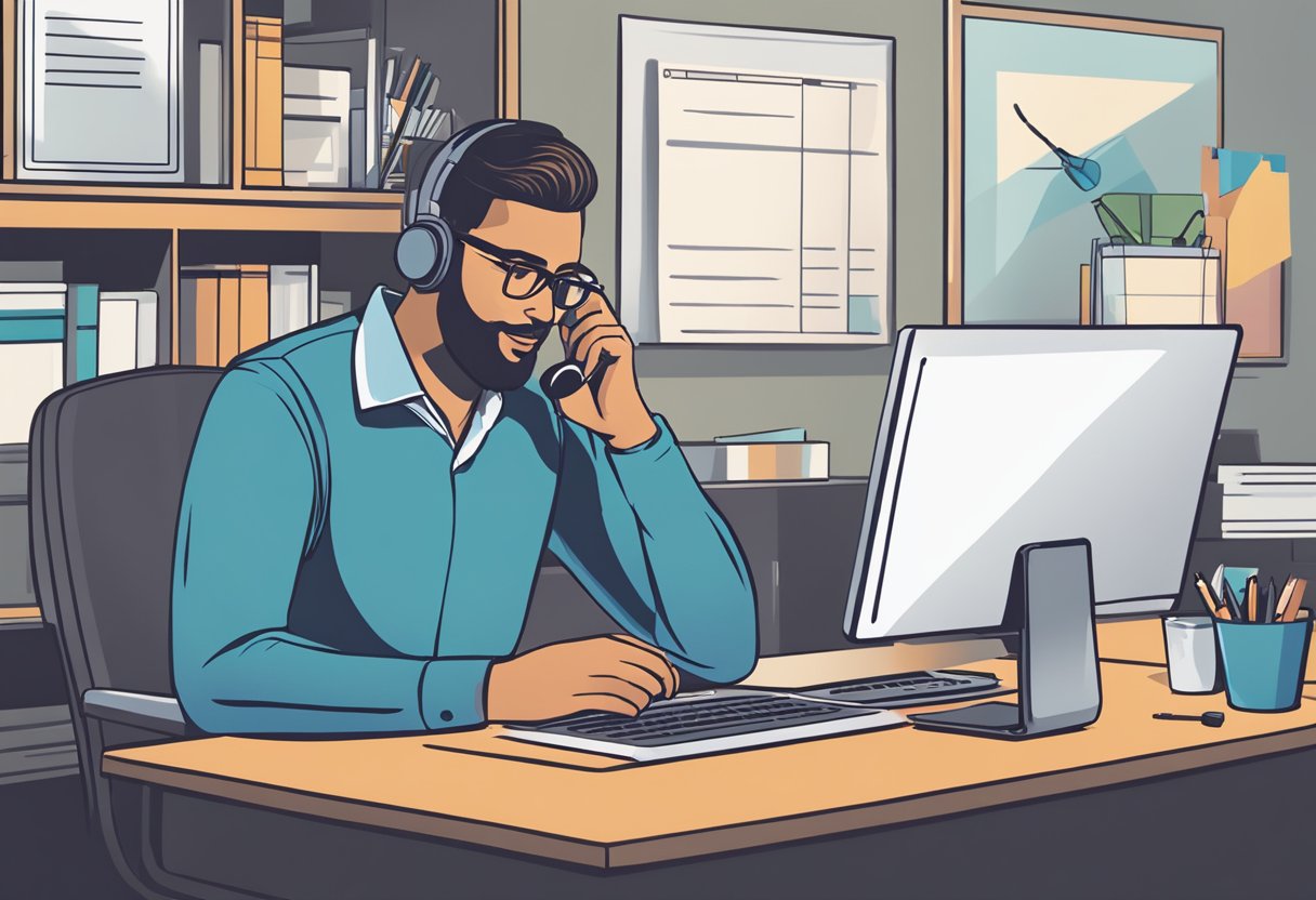 A customer support representative assisting a client with their Freedom Financial 401k account over the phone. The client is sitting at a desk with a laptop and paperwork spread out in front of them
