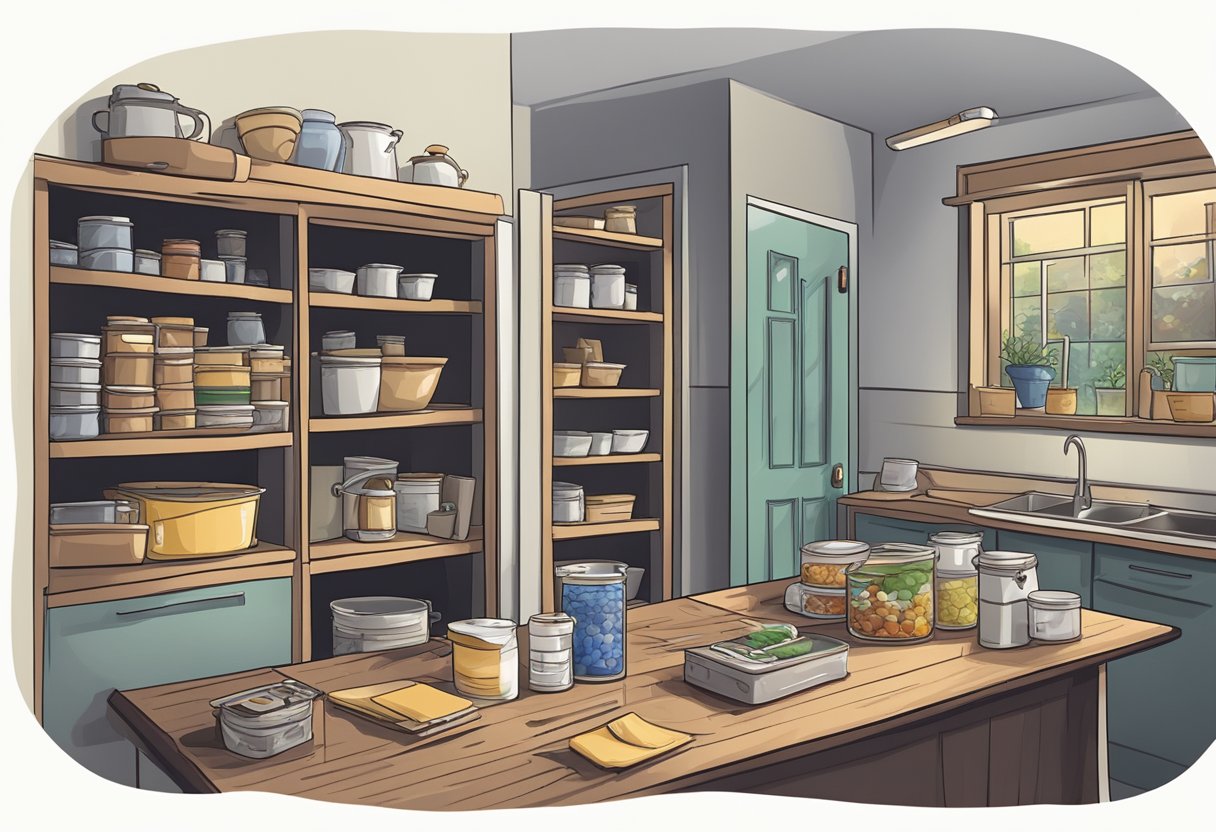 Empty wallet on a table, sad faces, unpaid bills, empty pantry shelves, and a locked door to the communal area