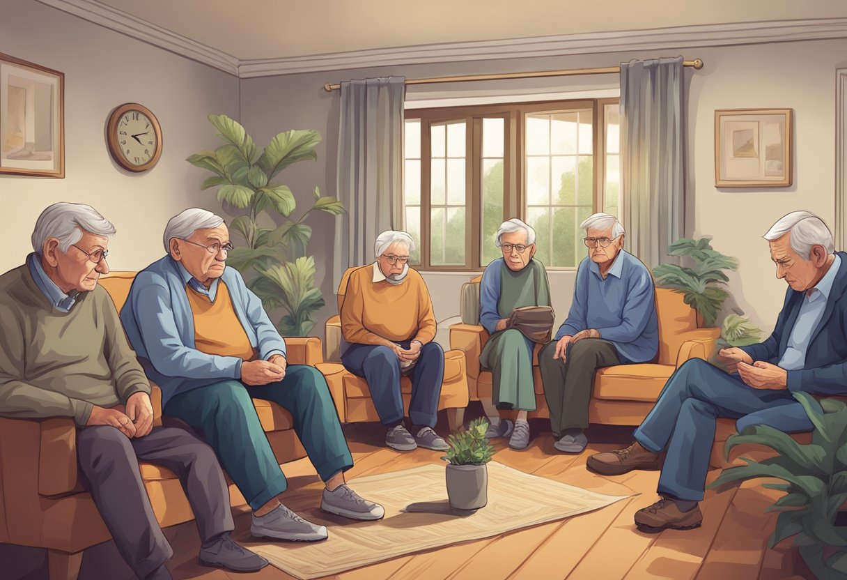 Residents gather in the common area, looking worried. Empty wallets and sad expressions show the reality of running out of money in a retirement home