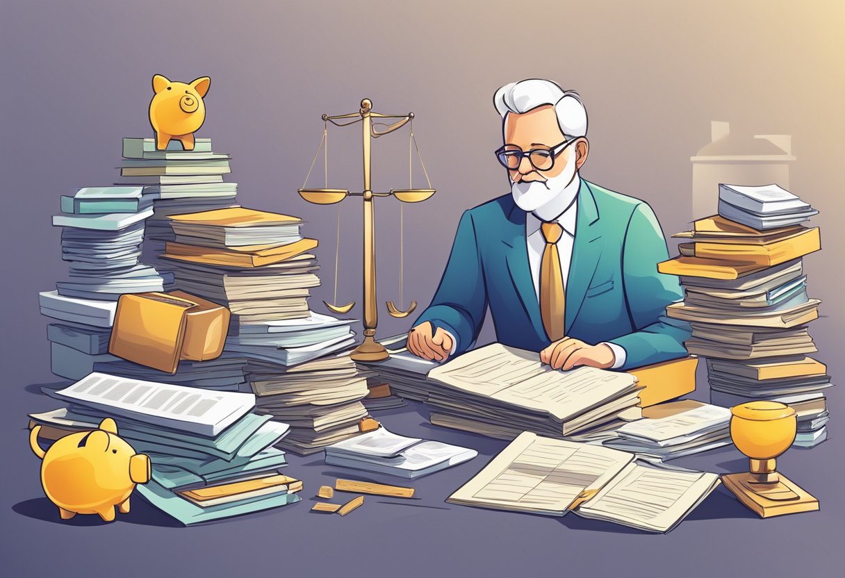 A pile of retirement income sources, including pension, investments, and savings, are being carefully balanced and organized by an expert financial planner