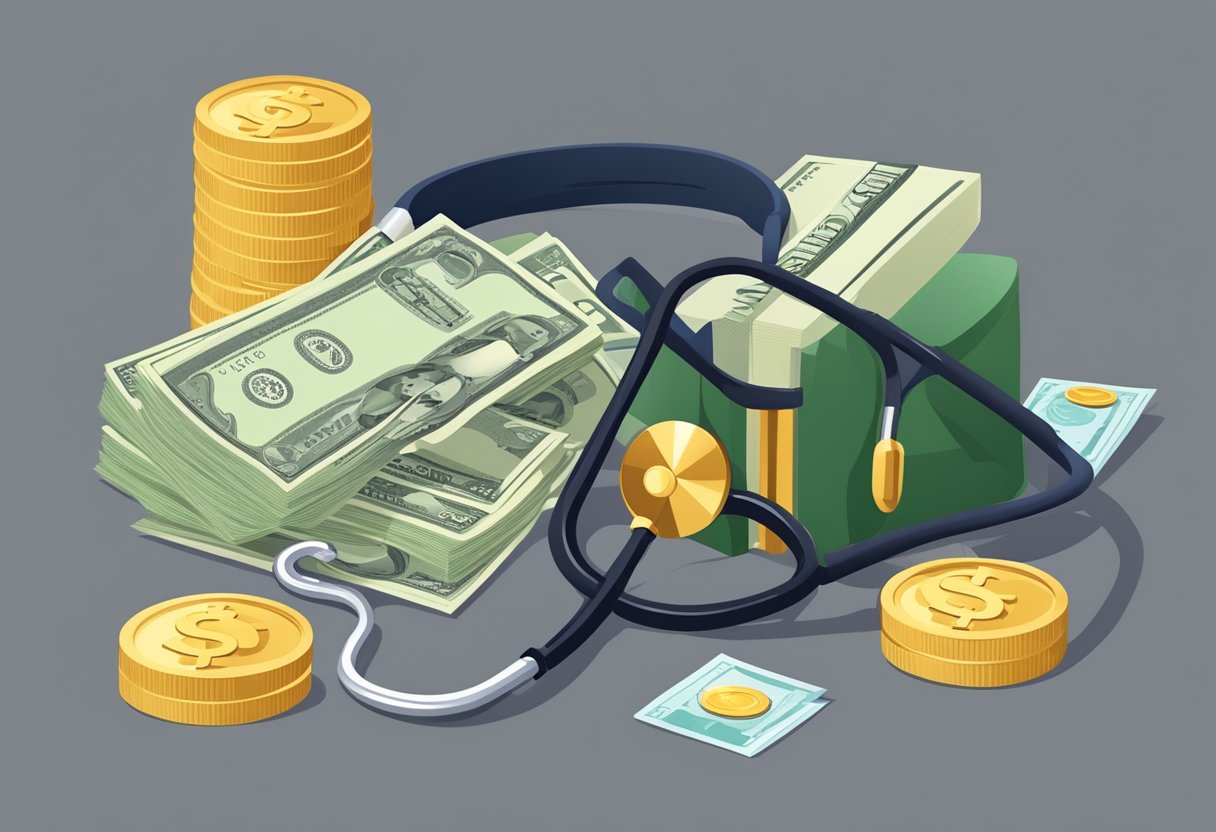 A stack of cash surrounded by retirement symbols and a doctor's stethoscope