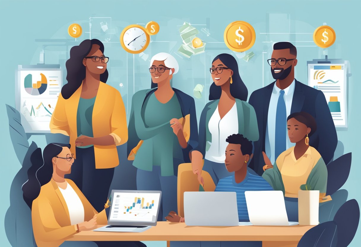 A diverse group of people utilizing government programs to save for retirement. They are engaged in financial planning and investment strategies