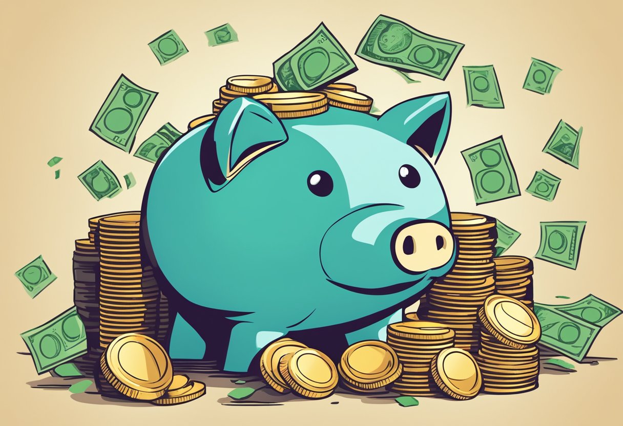 A stack of dollar bills and coins overflowing from a piggy bank, with a graph showing steady growth in the background