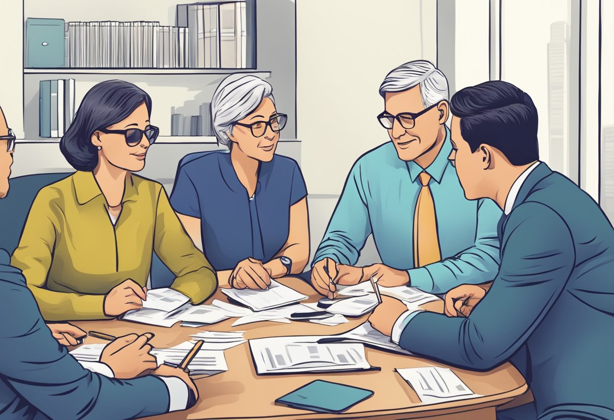 A group of financial advisors discussing monthly retirement income options