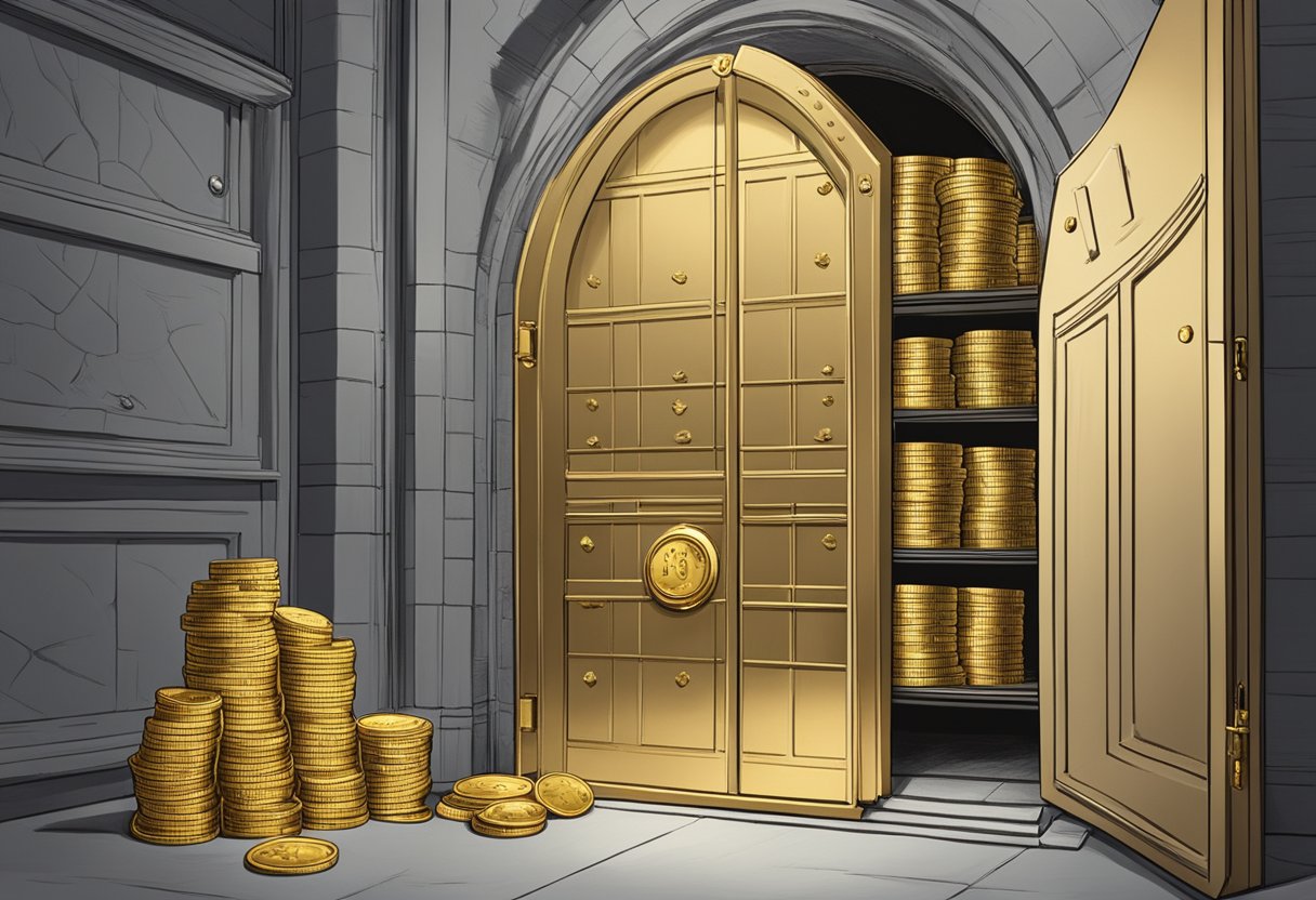 A stack of gold coins sits inside a sturdy vault, surrounded by thick walls and a heavy door. A sign above reads "Retirement Accounts - Safest Place for Your Money."