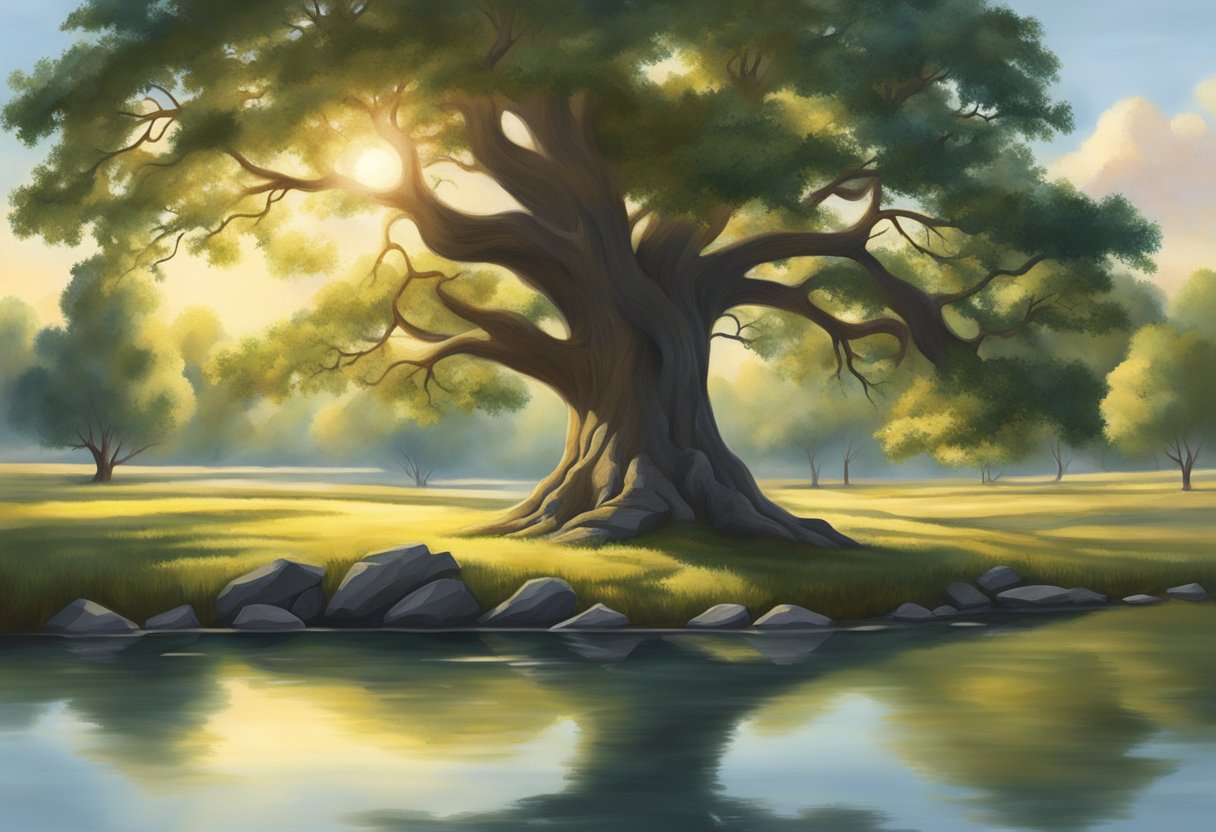 A serene, tranquil landscape with a sturdy, old oak tree casting shade over a peaceful pond. The sun shines down, creating a sense of security and stability