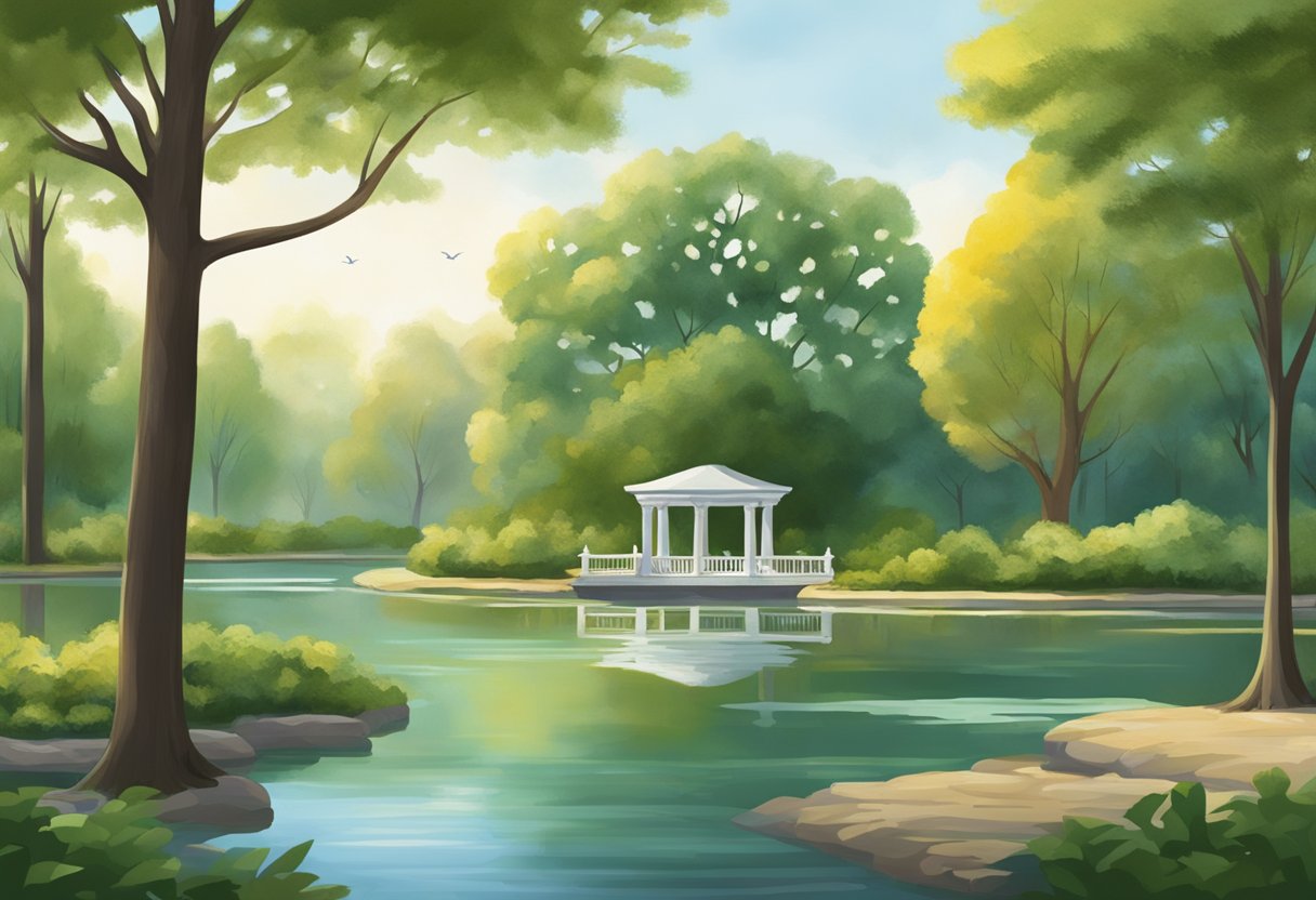 A serene park with a calm pond, surrounded by tall, sturdy trees. A signpost points to "Equity Investments" and "Stock Market." A sense of security and stability permeates the scene