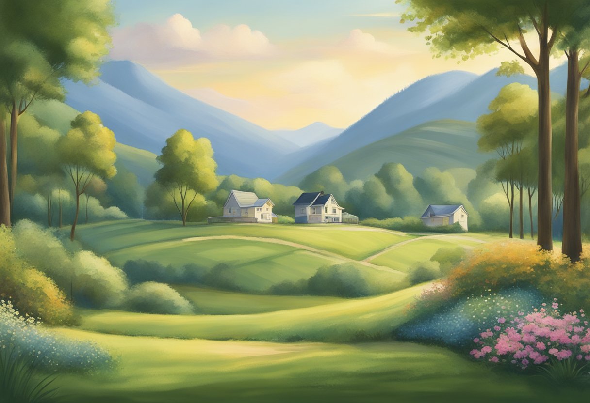 A peaceful, serene landscape with a variety of investment options displayed in a safe and secure environment. The scene exudes a sense of stability and confidence for retirement planning