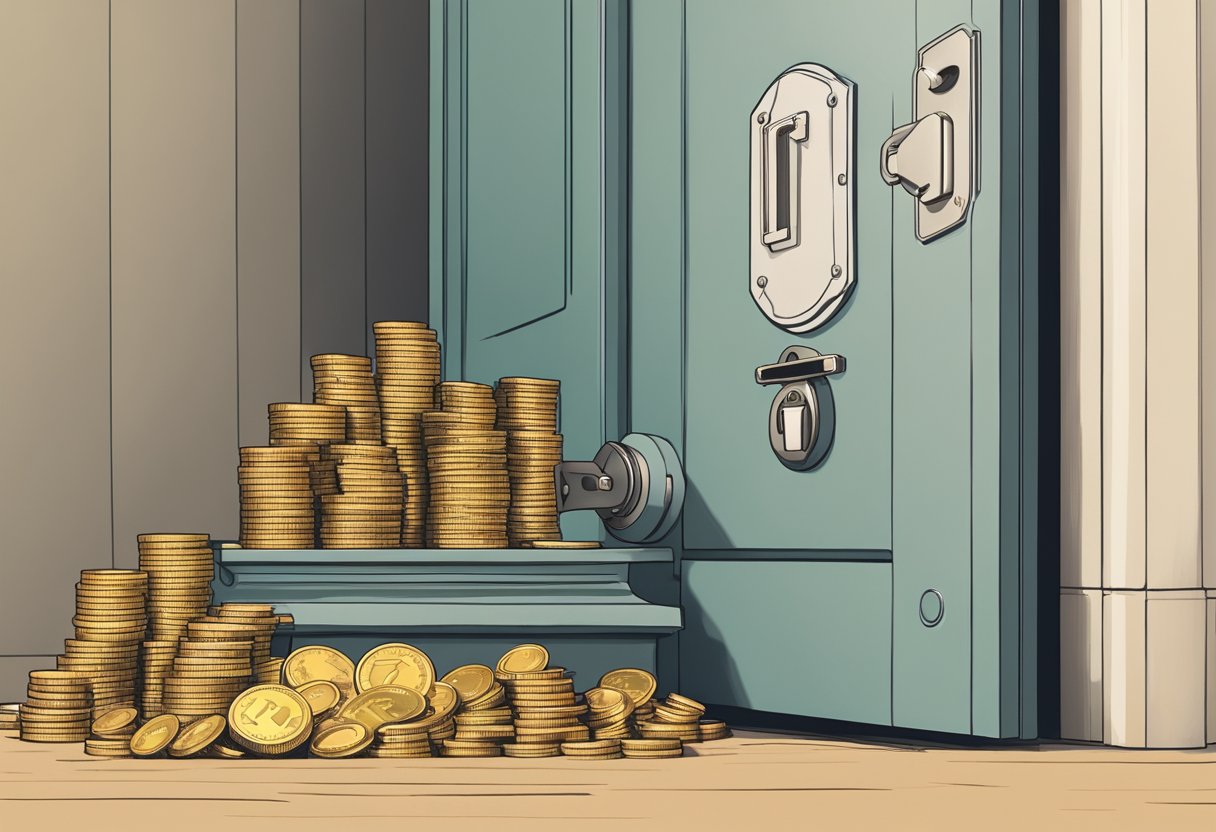 A stack of coins and bills sits on a sturdy vault door, surrounded by a rising graph and a downward arrow. A safe with a combination lock stands nearby, symbolizing the safest place to put retirement money