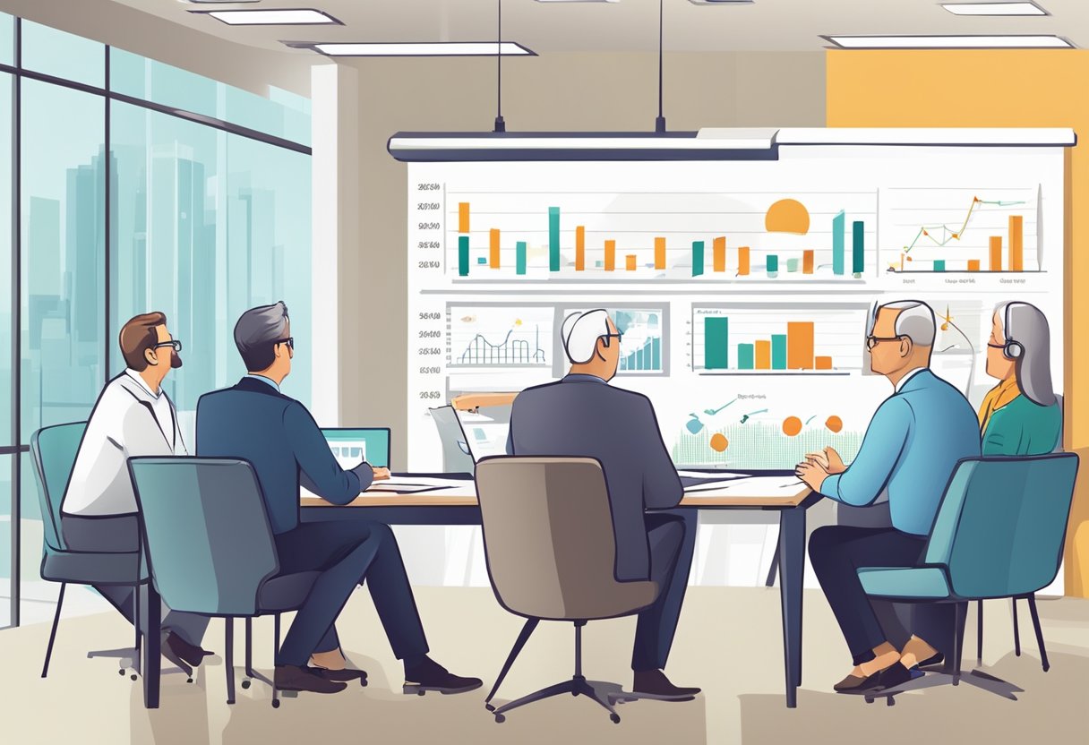 A group of financial experts and advisors discussing the safest place for retirement funds. Tables with charts and graphs, and a whiteboard with investment options