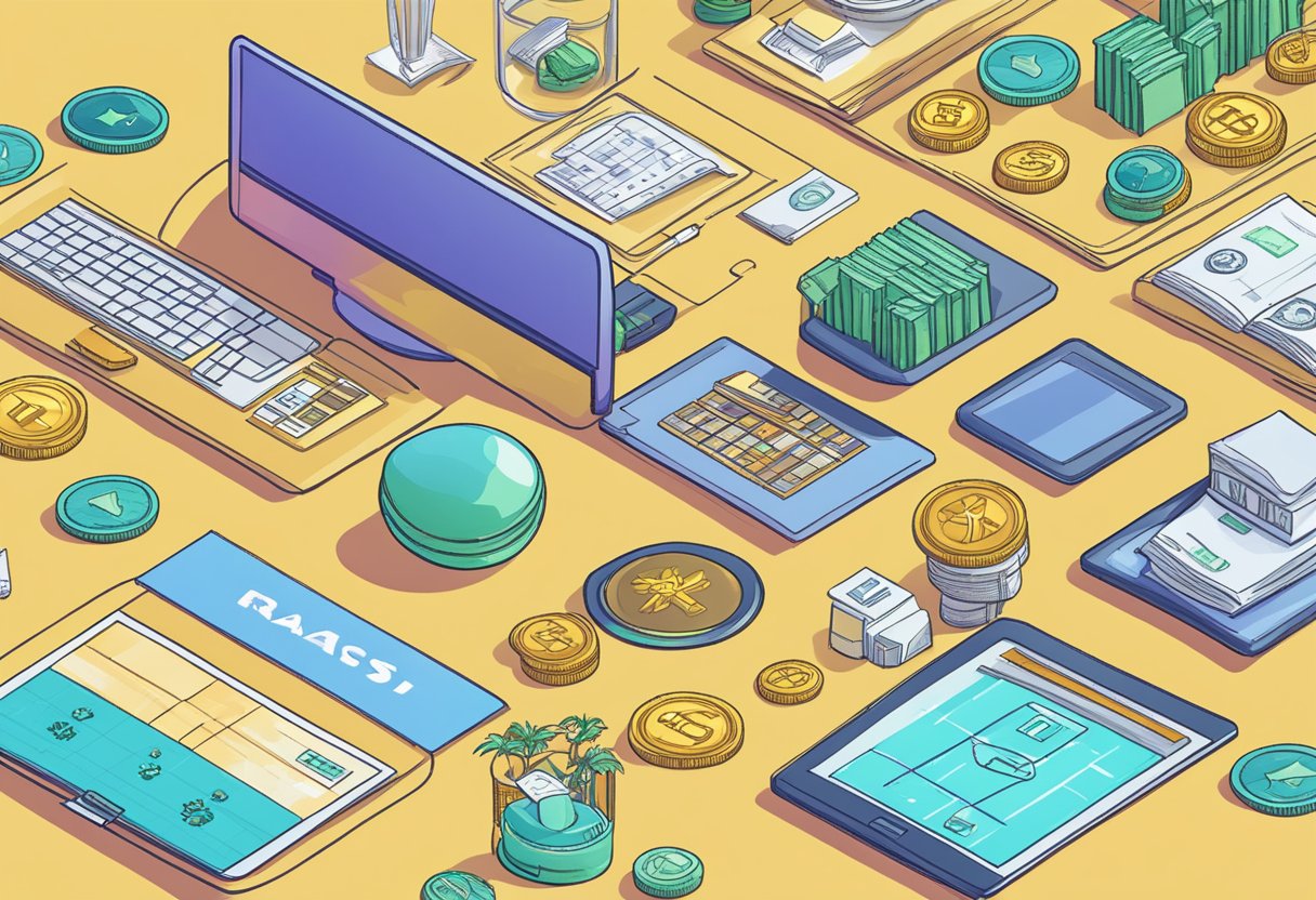 A diverse range of investment options, including real estate, cryptocurrency, and precious metals, are displayed on a table with a sign reading "Safest Retirement Investments."