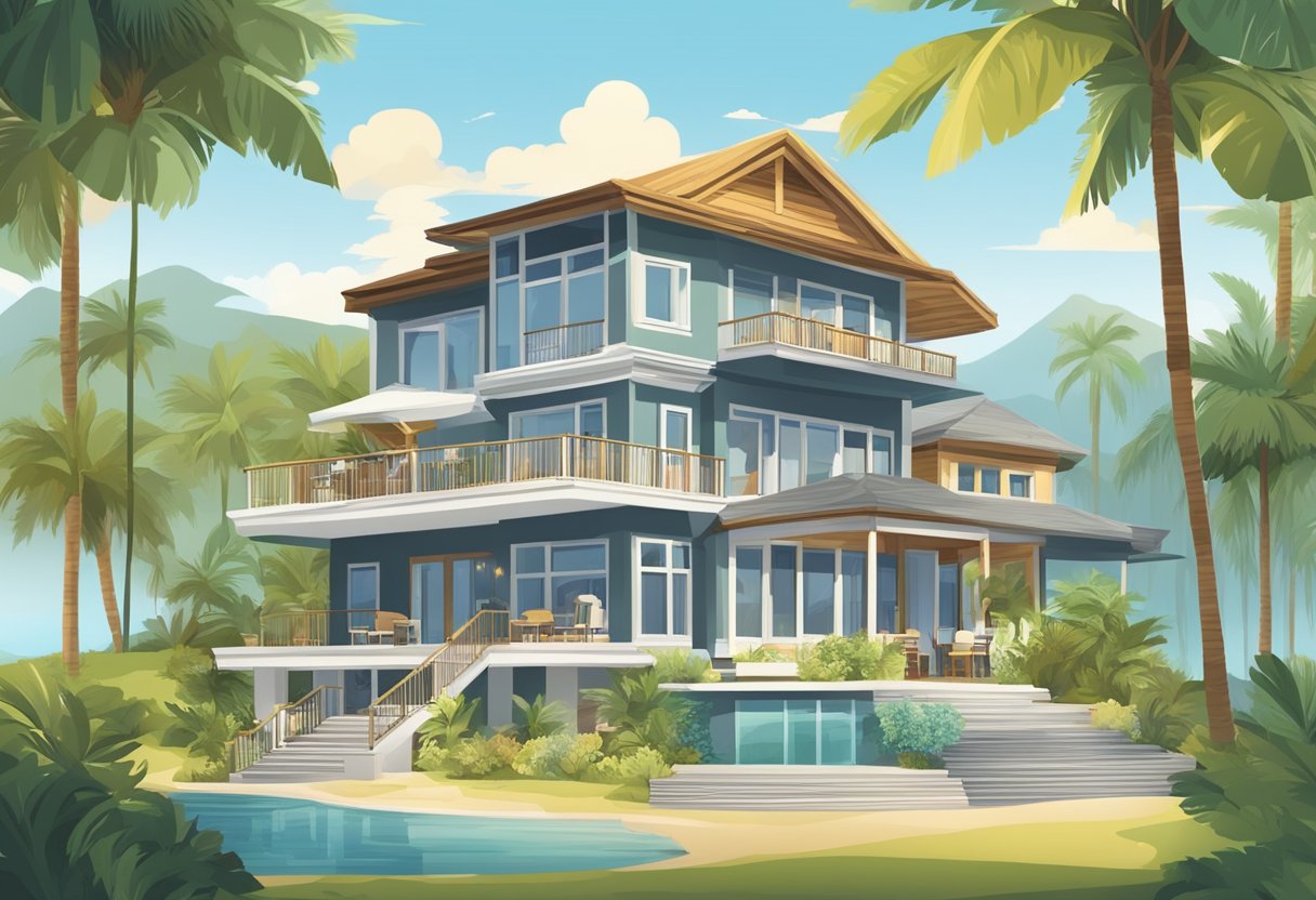 A stack of money, a growing investment portfolio, and a luxurious vacation home symbolize wealth in retirement