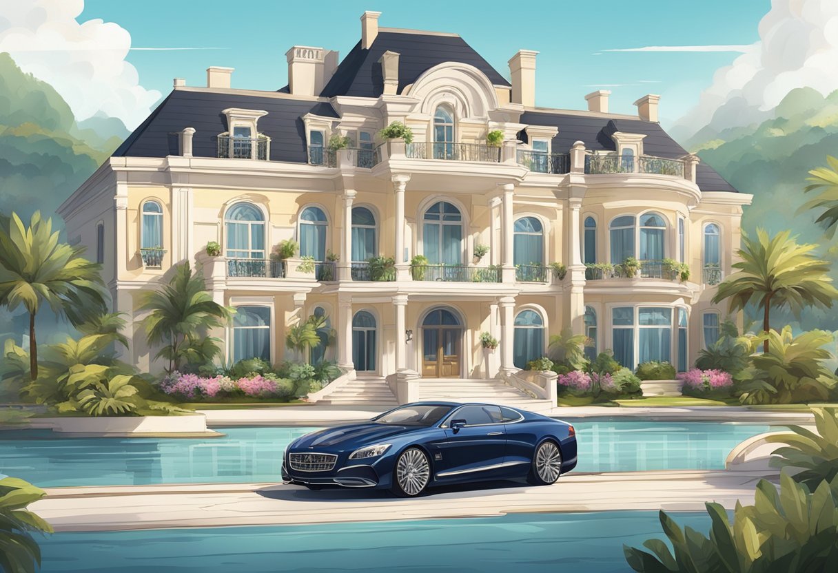 A lavish mansion surrounded by luxury cars and a private yacht, symbolizing wealth in retirement