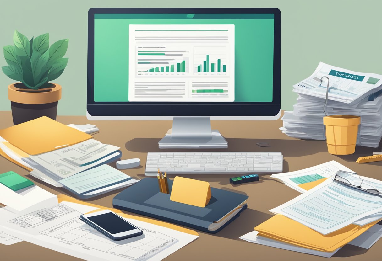 A secure, well-organized desk with a neatly arranged stack of financial documents, a calculator, and a laptop displaying a retirement savings plan