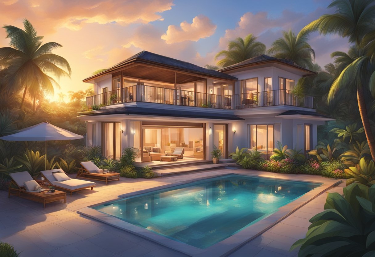 A lavish beachfront villa with a private pool and a view of the sunset, surrounded by lush tropical gardens and expensive cars parked in the driveway