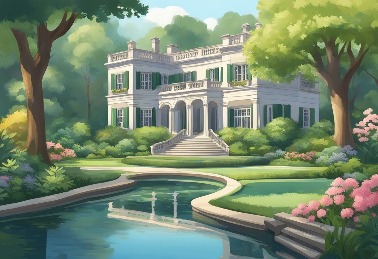 A serene, lush garden with a grand mansion in the background, surrounded by tall trees and a sparkling pond, symbolizing long-term wealth preservation in retirement