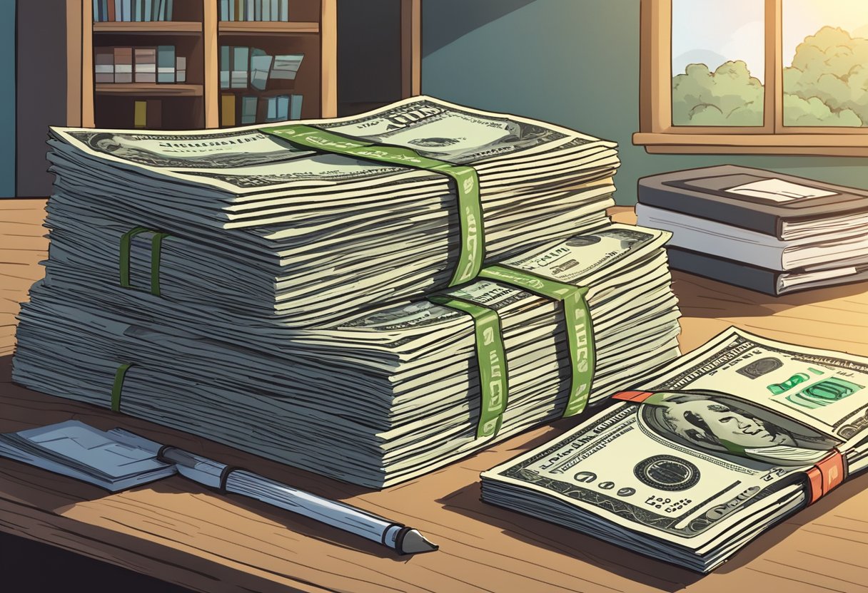 A stack of dollar bills totaling $1 million sits on a table, surrounded by financial documents and retirement planning books. A calendar with the word "retirement" circled in red hangs on the wall
