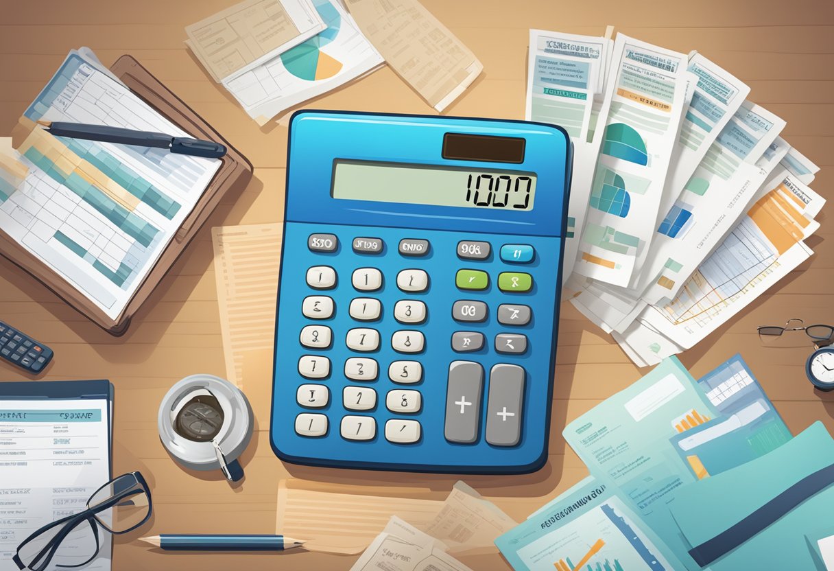 A calculator on a desk with a retirement savings of $1 million displayed, surrounded by financial planning documents and long-term care brochures