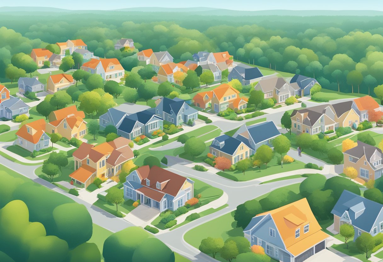 A serene suburban neighborhood with a mix of modest and upscale homes, surrounded by lush greenery. A cost of living calculator displayed prominently, indicating the impact of location on retirement savings