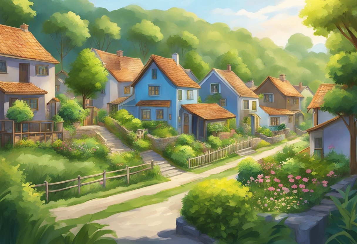 A peaceful village with affordable housing, lush greenery, and a serene atmosphere, where one can retire comfortably on $1300 a month