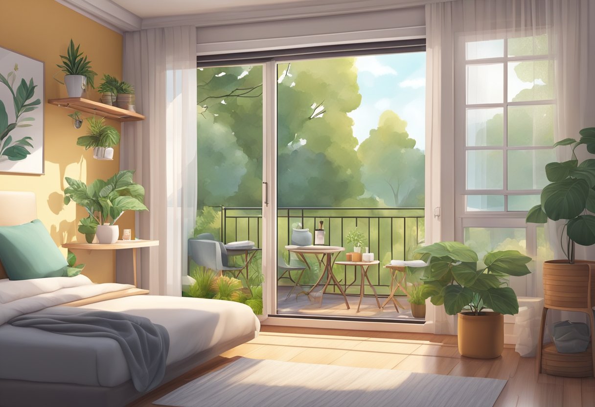 A cozy studio apartment with a small kitchenette, a comfortable bed, and a window overlooking a peaceful garden