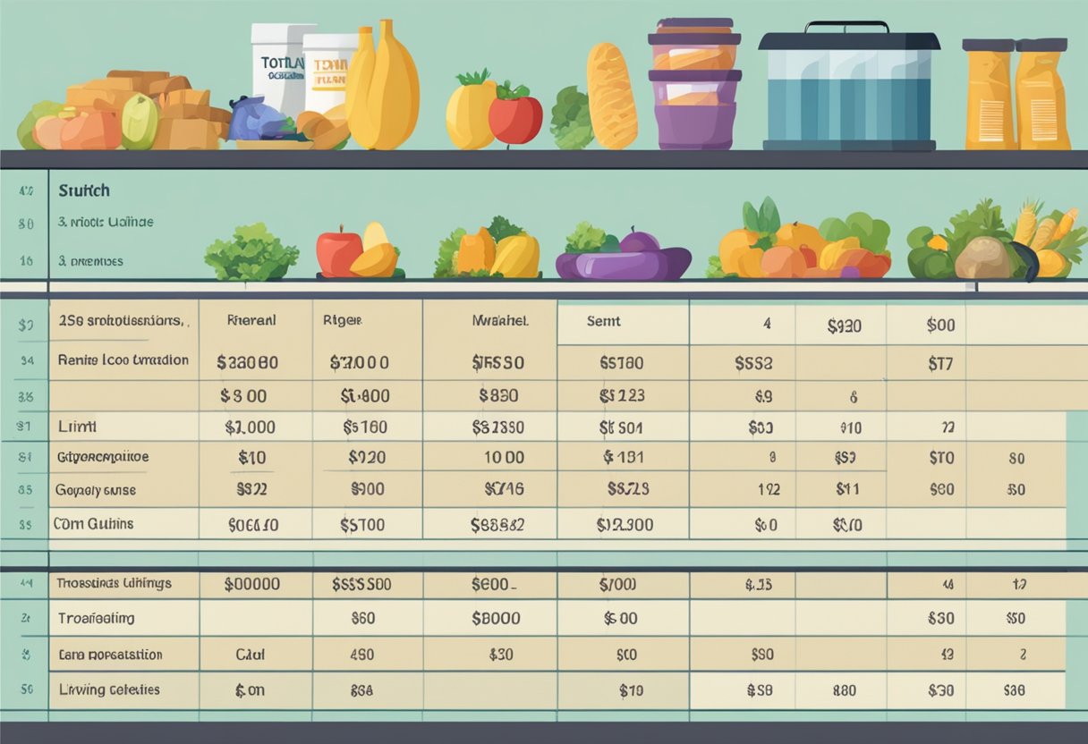 A table with columns listing various living expenses, such as rent, groceries, utilities, and transportation. The total amount is $1300 per month