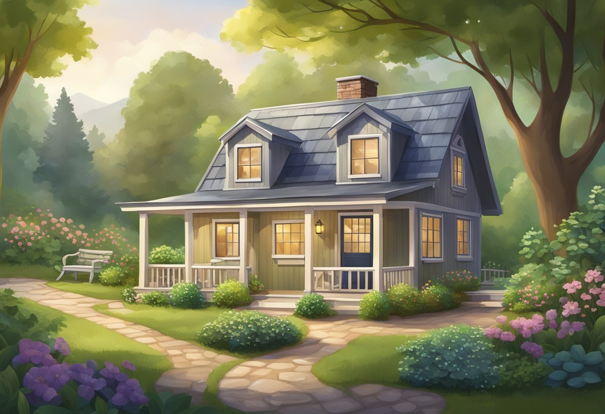 A cozy retirement cottage surrounded by lush greenery, with a peaceful stream running through the backyard. A quaint town with friendly locals and affordable amenities