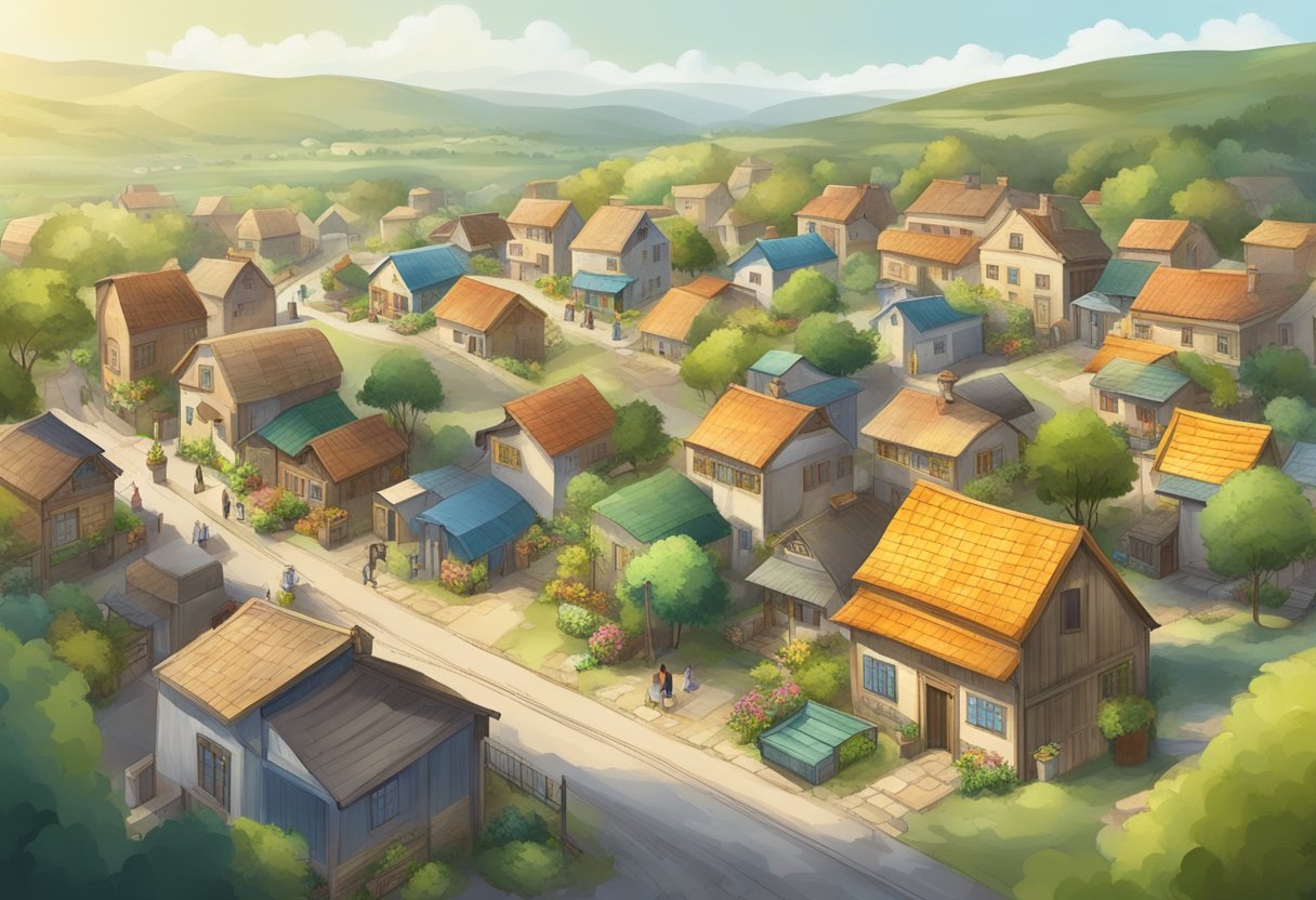 A serene village with affordable housing, local markets, and community activities