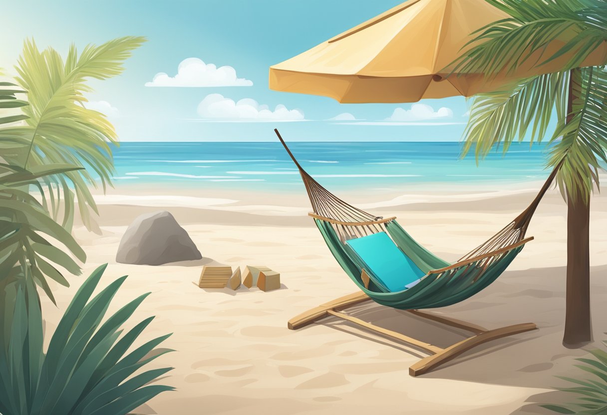 A serene beach with a small house, palm trees, and a hammock, with a budget planner and calculator on a table