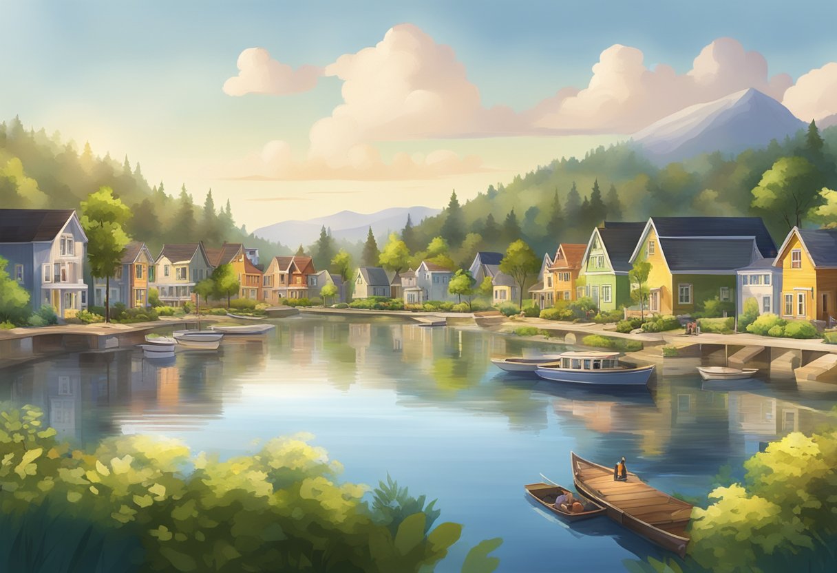 A serene lakeside town with affordable housing, lush greenery, and friendly locals, offering a peaceful retirement on a budget
