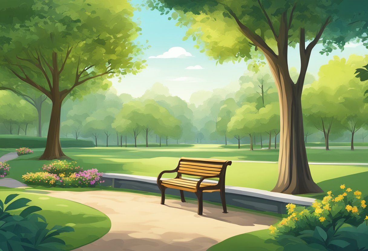 A serene park with a bench, surrounded by greenery and a peaceful atmosphere, symbolizing the benefits of early retirement on longevity