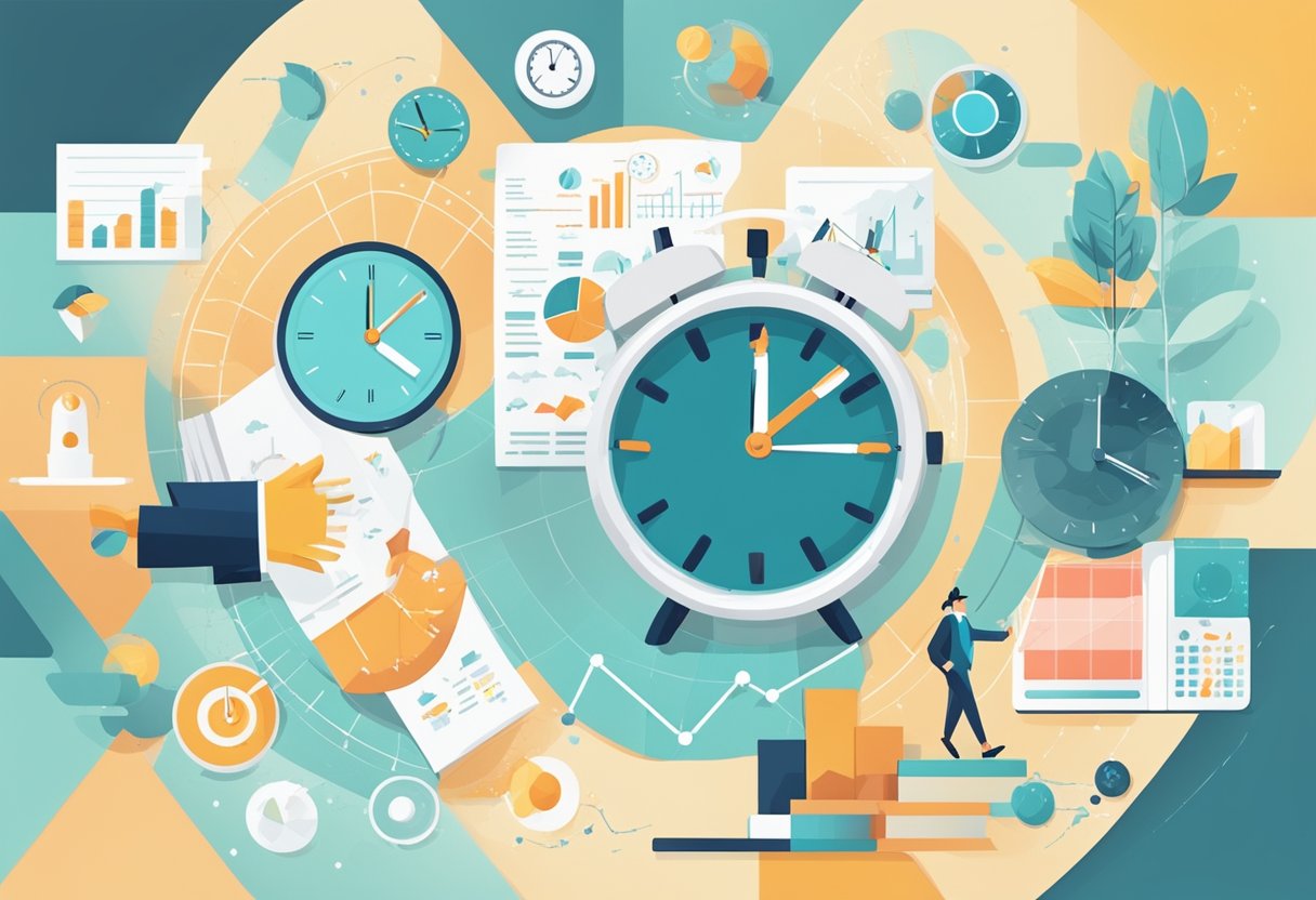 A clock ticking towards early retirement, surrounded by financial charts and graphs, with a path leading towards a healthy lifestyle