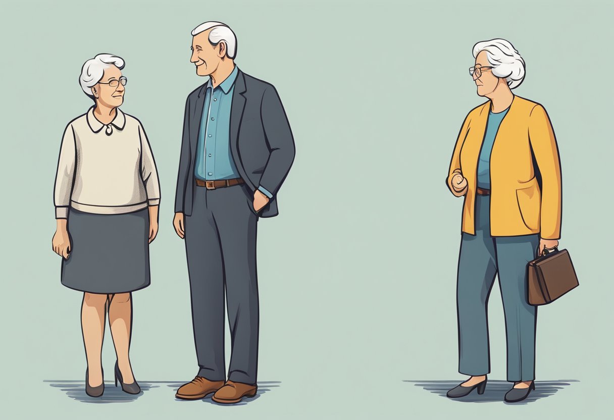 A man and a woman standing side by side, with the man retiring early and the woman retiring later. The man is shown with a longer life expectancy compared to the woman