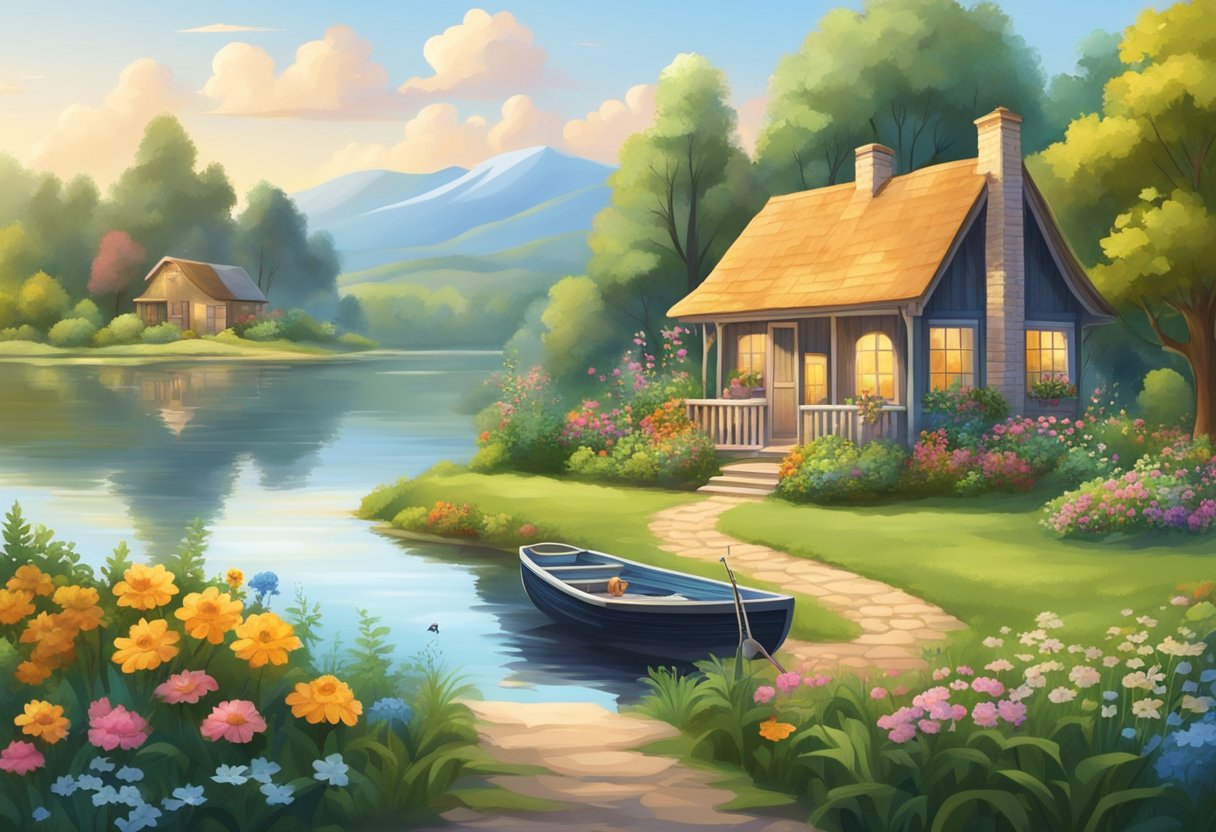A serene countryside with a cozy cottage, a peaceful lake, and vibrant gardens. A retiree enjoys leisurely activities like fishing, gardening, and birdwatching