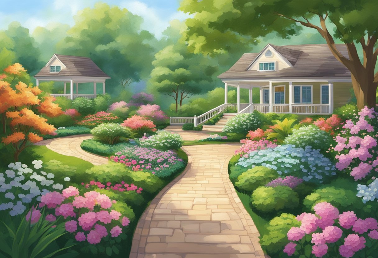 A serene garden with a winding path leading to a peaceful retirement community, surrounded by lush greenery and blooming flowers. A sense of tranquility and contentment permeates the scene