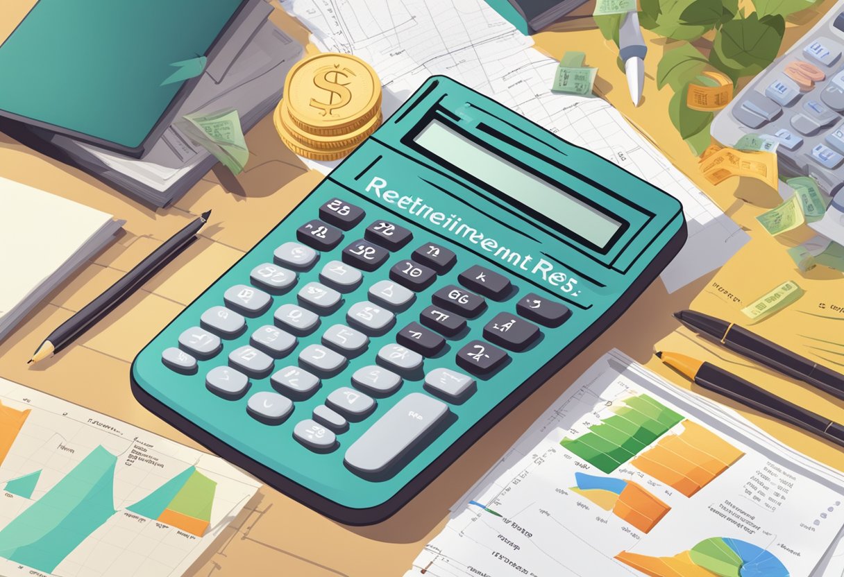 A calculator and retirement planning book sit on a desk, surrounded by charts and graphs showing sustainable withdrawal rates for a $3 million nest egg