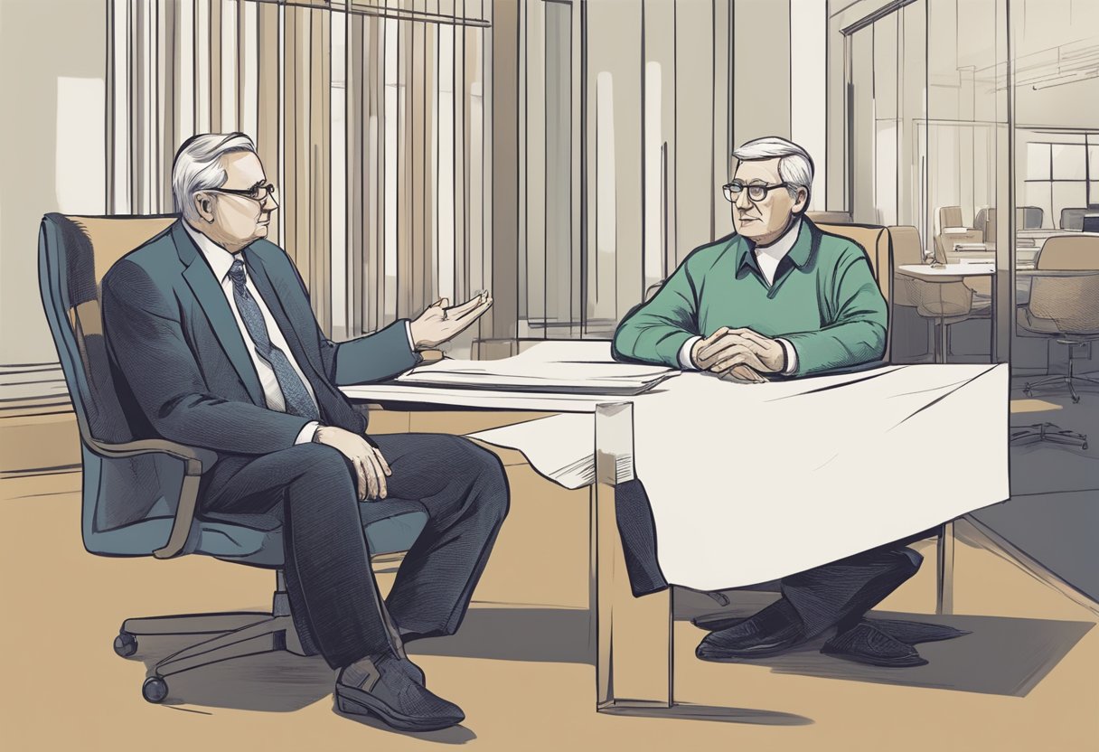 A person sits across from a financial advisor, discussing retirement age with $3 million. The advisor gestures confidently, while the client listens intently