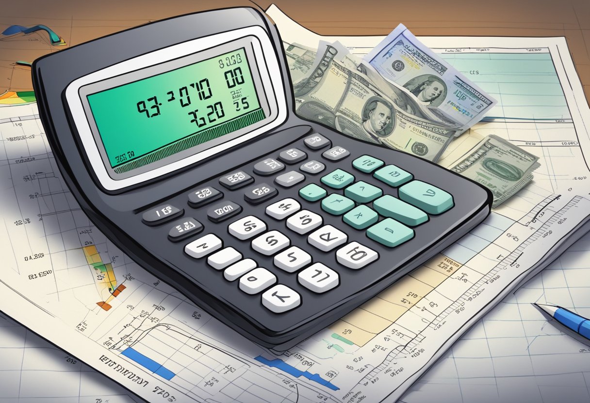 A calculator displaying "Retire at 55" with a $3 million balance. Graphs and charts showing financial projections surround the calculator