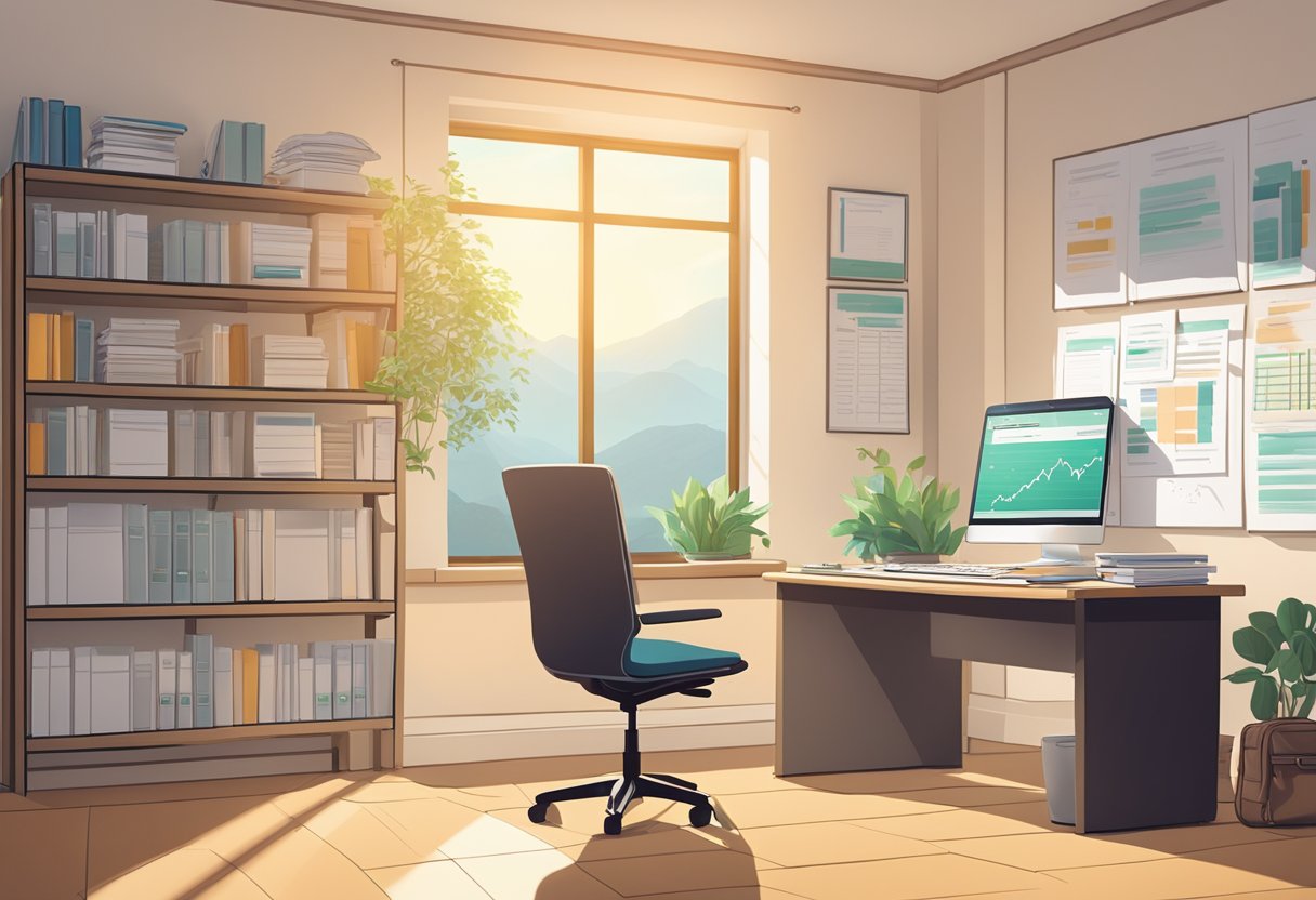 A serene, sunlit office with a desk covered in financial documents and a computer displaying retirement planning software. A calculator and pen sit nearby, while a bookshelf filled with investment guides lines the wall