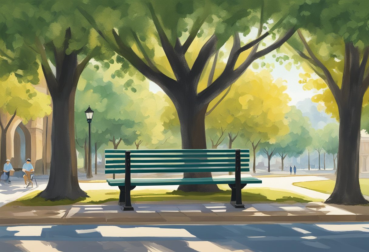 A serene park bench under a shady tree with a sign reading "Frequently Asked Questions: What age can you retire with $3 million?"