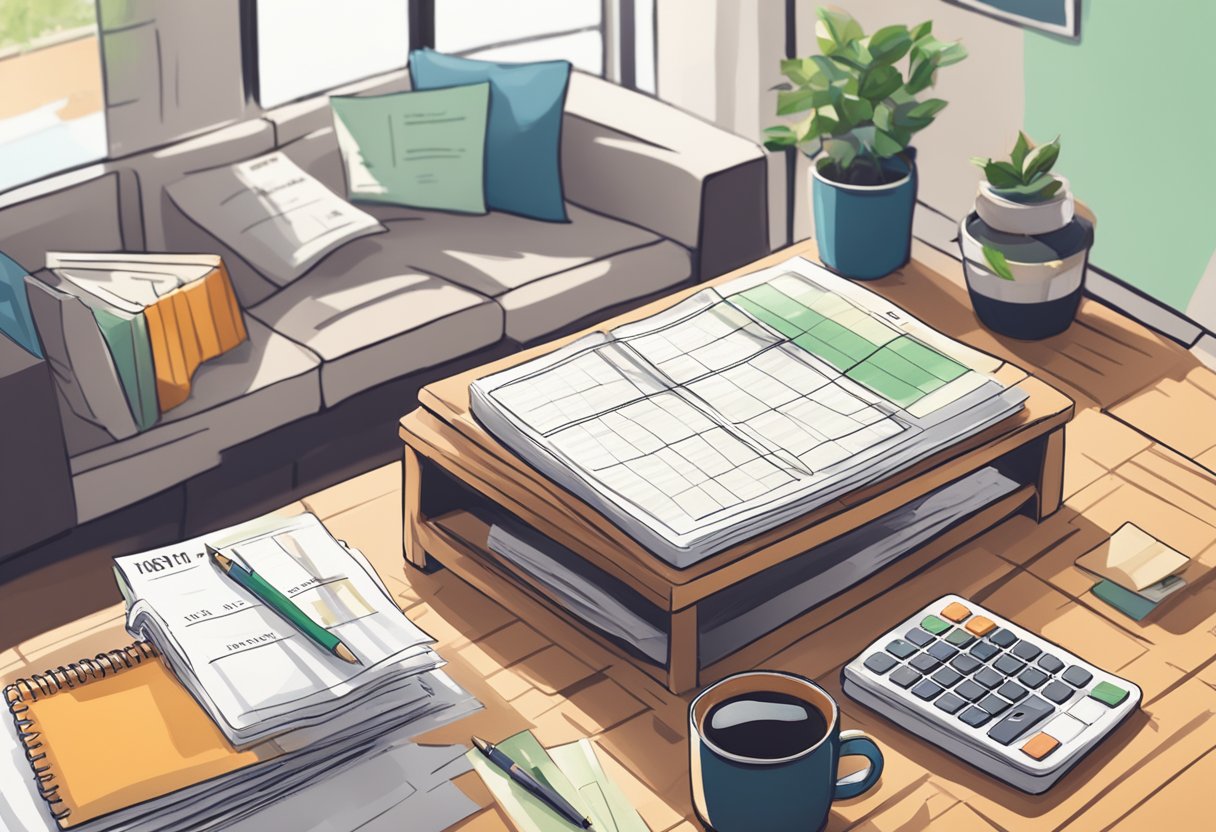 A cozy living room with budgeting spreadsheets, a calculator, and a stack of bills on a coffee table. A calendar on the wall marks the days of the month