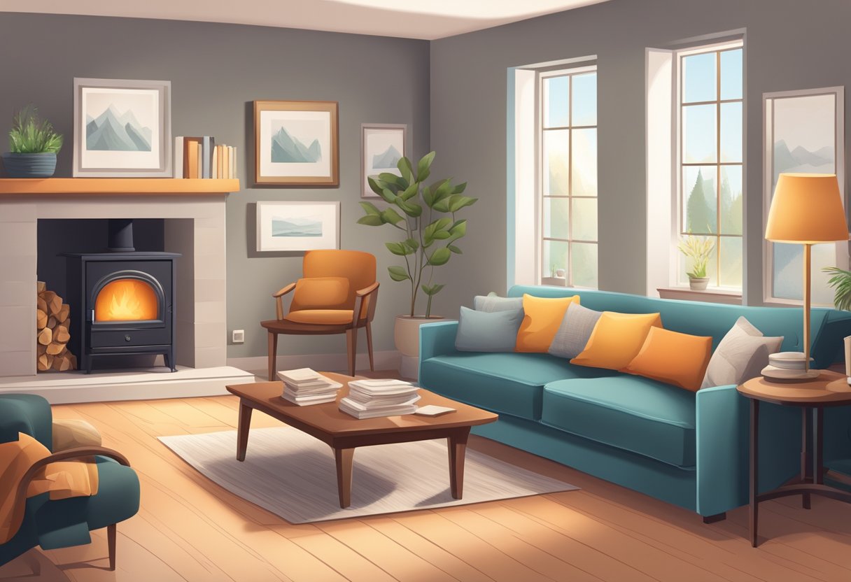A serene, cozy living room with a comfortable armchair, a warm fireplace, and a table displaying financial documents and a calculator