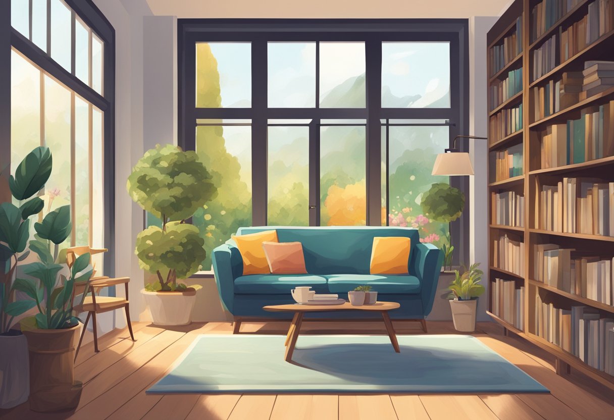A cozy living room with a comfortable couch, a bookshelf filled with novels, a small dining table set for two, and a large window overlooking a peaceful garden