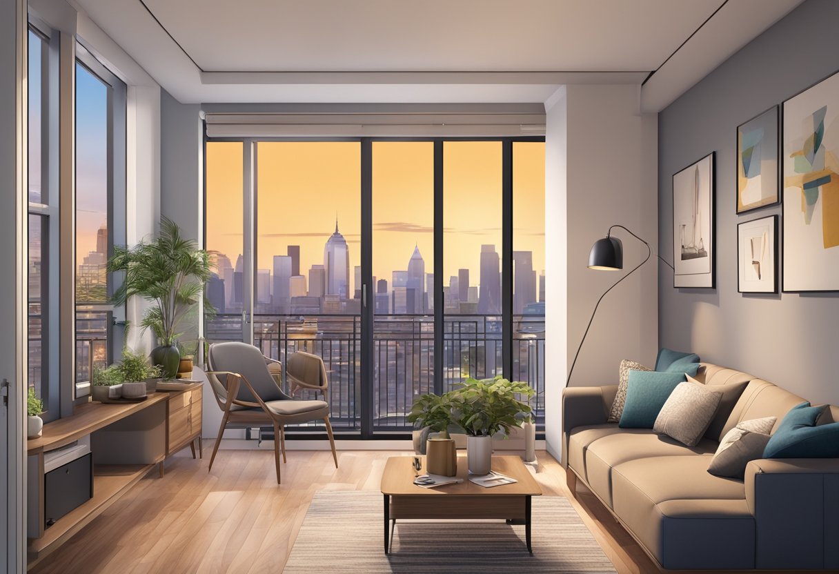 A cozy, affordable apartment with a view of the city skyline. Nearby amenities include public transportation, grocery stores, and recreational facilities
