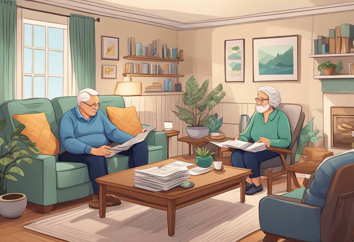 A cozy living room with a senior couple discussing retirement finances, surrounded by financial documents and a calculator on the table
