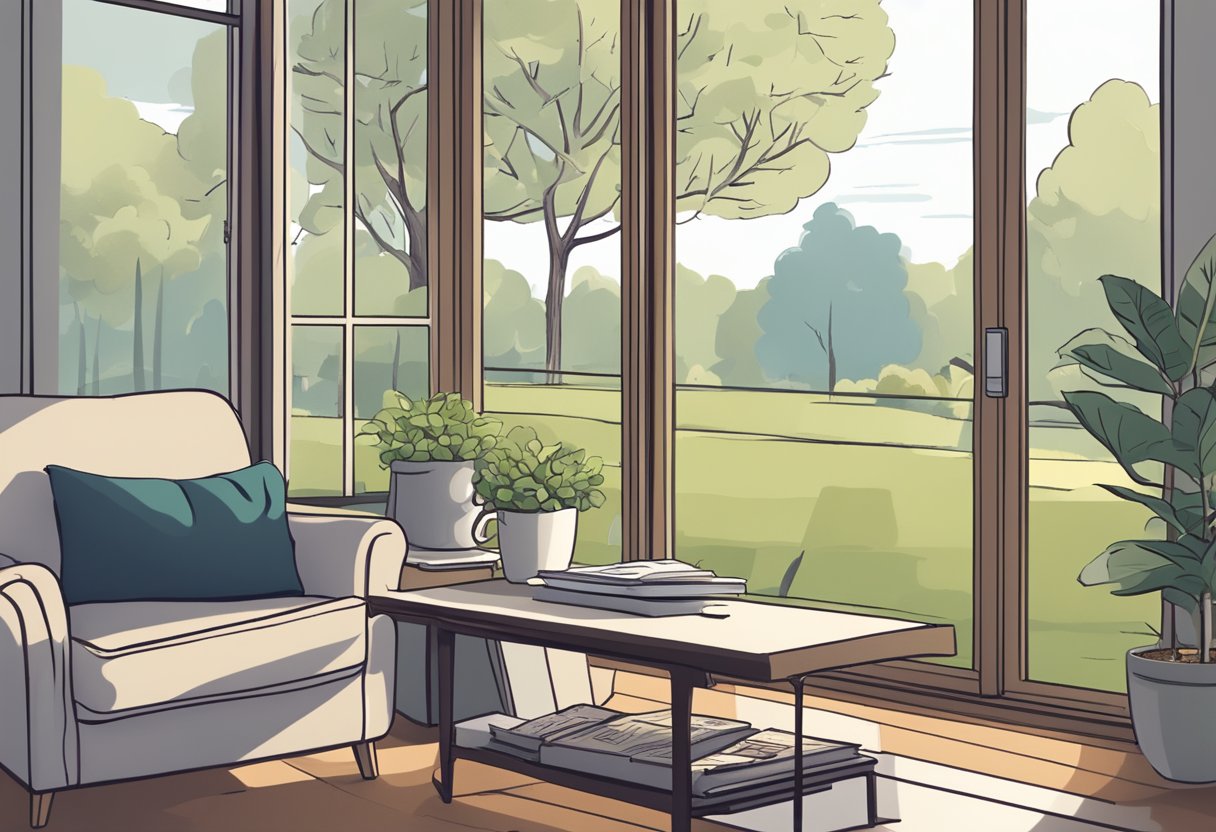 A serene, comfortable living room with a cozy armchair, a stack of financial planning books, and a calculator on the coffee table. A laptop open to a retirement savings website, with a clear view of a peaceful garden through the window